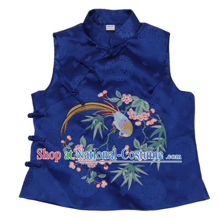 Chinese Traditional National Royalblue Brocade Top Vest Tang Suit Embroidered Begonia Bird Waistcoat Garment