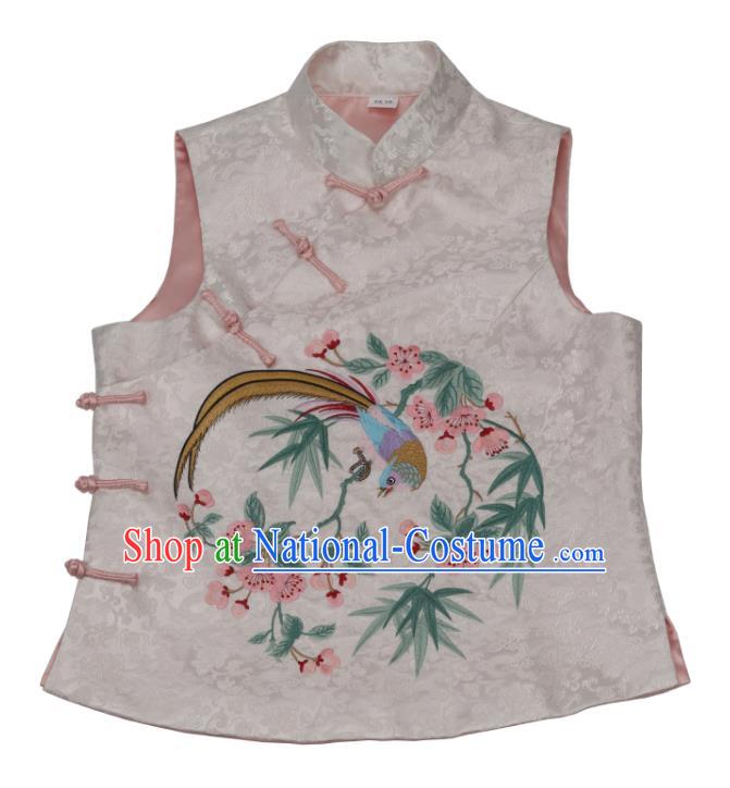 Chinese Traditional Tang Suit Embroidered Begonia Bird Waistcoat Garment National White Top Vest