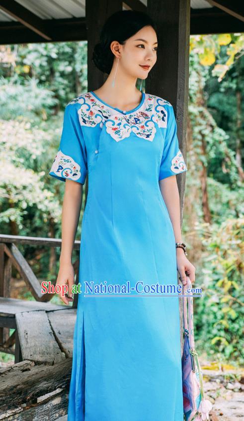 Chinese Traditional Round Collar Qipao Dress Costume National Young Lady Embroidered Blue Cheongsam