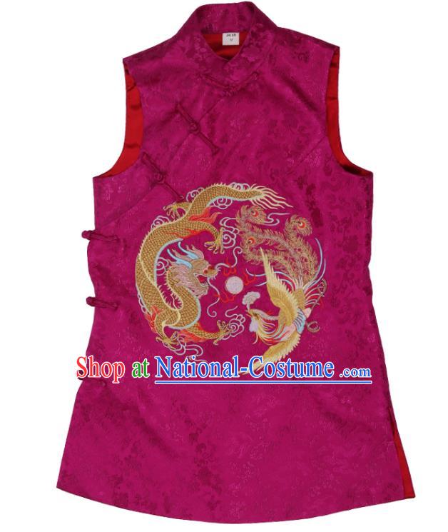 Chinese National Brocade Top Vest Garment Traditional Tang Suit Embroidered Rosy Long Waistcoat