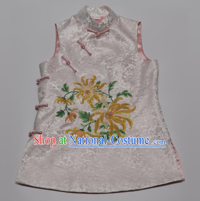 Chinese Tang Suit Upper Outer Garment Traditional Embroidered Chrysanthemum Waistcoat National White Brocade Vest