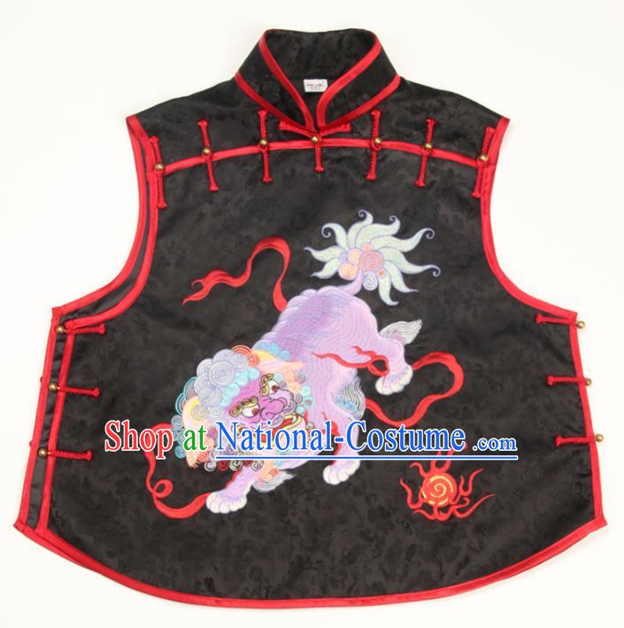 Chinese Traditional Embroidered Lion Waistcoat National Black Brocade Vest Tang Suit Upper Outer Garment