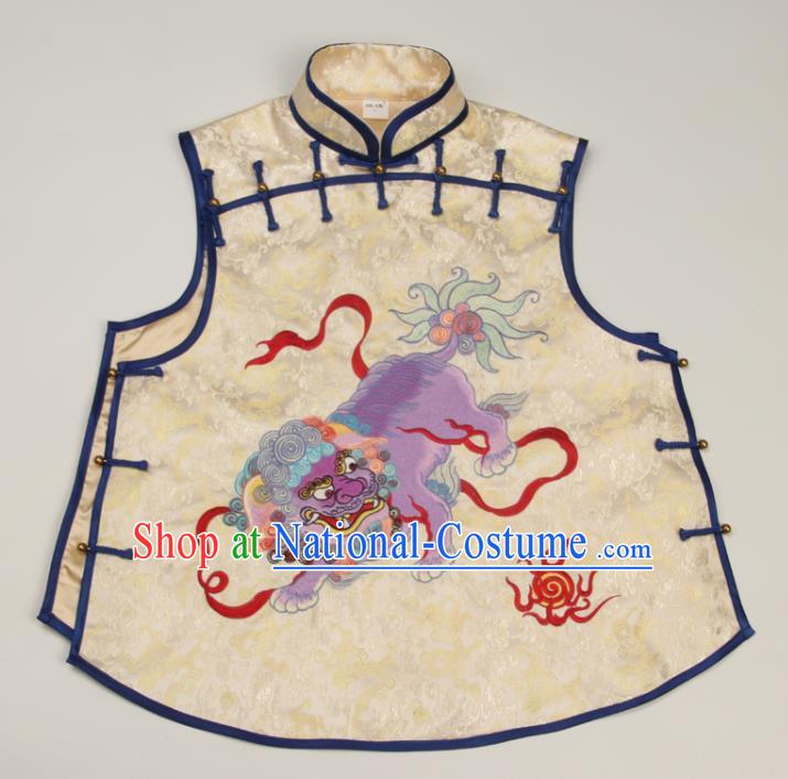 Chinese National Light Golden Brocade Vest Tang Suit Upper Outer Garment Traditional Embroidered Lion Waistcoat