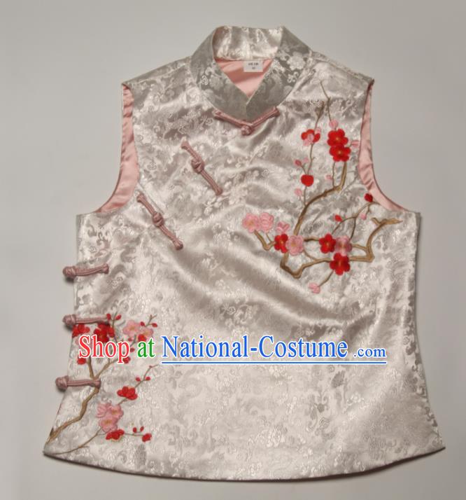 Chinese National White Brocade Vest Tang Suit Upper Outer Garment Traditional Embroidered Plum Blossom Waistcoat