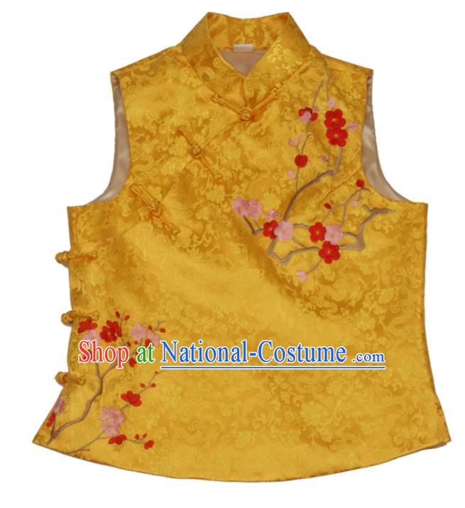 Chinese Traditional Embroidered Plum Blossom Waistcoat National Golden Brocade Vest Tang Suit Upper Outer Garment