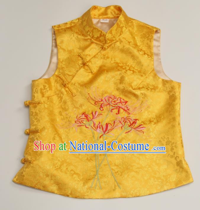 Chinese Tang Suit Upper Outer Garment Traditional Embroidered Manjusaka Waistcoat National Golden Brocade Vest