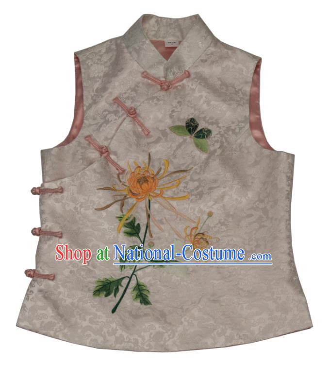 Chinese National Upper Outer Garment Traditional Embroidered Chrysanthemum Waistcoat Tang Suit White Brocade Vest