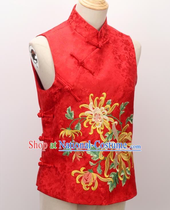 Chinese Traditional Embroidered Chrysanthemum Waistcoat Tang Suit Red Brocade Vest National Upper Outer Garment