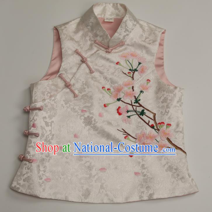 Chinese Tang Suit Vest National Upper Outer Garment Traditional Embroidered White Brocade Waistcoat