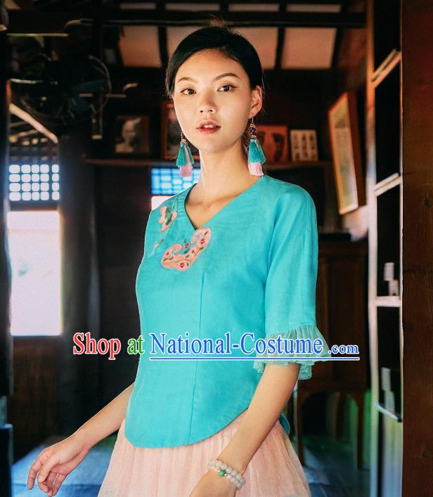 China Traditional Embroidered Blue Blouse National Woman Shirt Clothing Tang Suit Upper Outer Garment