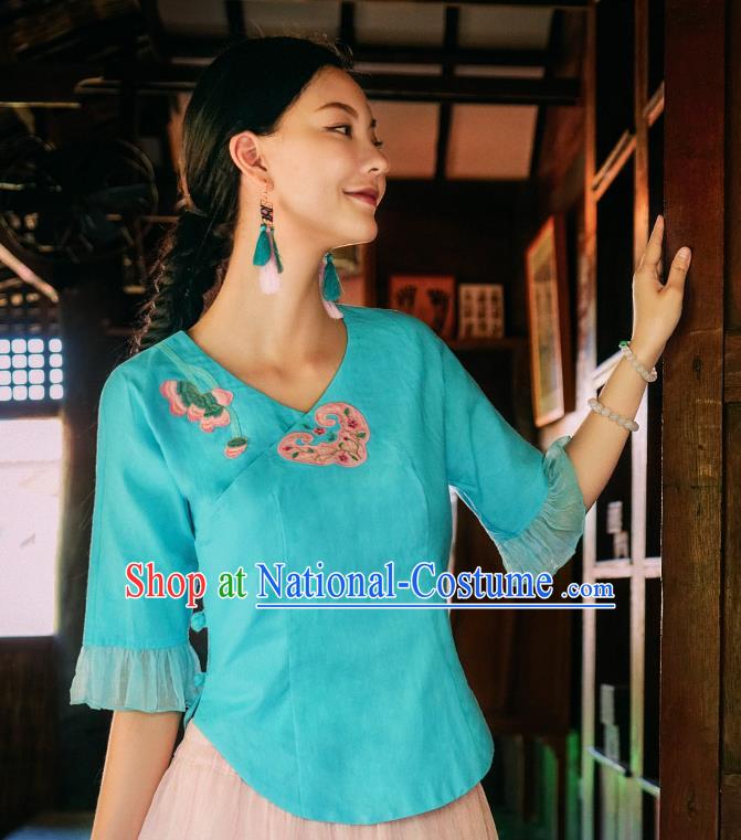 China Traditional Embroidered Blue Blouse National Woman Shirt Clothing Tang Suit Upper Outer Garment