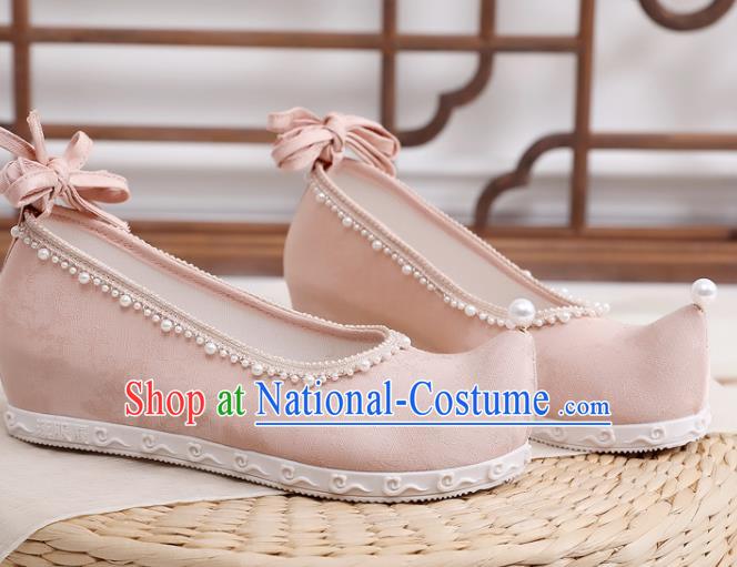 China Handmade Pearls Bow Shoes National Pink Cloth Shoes Traditional Ming Dynasty Hanfu Shoes