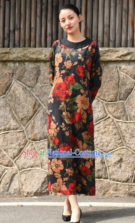 Chinese Traditional Printing Roses Qipao Dress Costume National Young Lady Black Silk Cheongsam