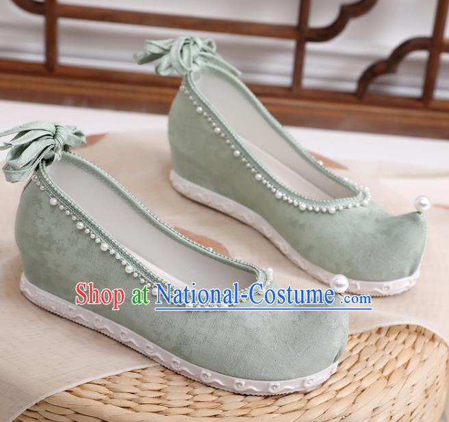 China Traditional Ming Dynasty Hanfu Shoes Handmade Pearls Bow Shoes National Green Cloth Shoes