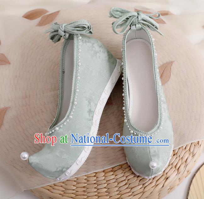 China Traditional Ming Dynasty Hanfu Shoes Handmade Pearls Bow Shoes National Green Cloth Shoes