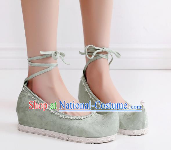 China Traditional Ming Dynasty Hanfu Shoes Handmade Pearls Bow Shoes National Green Cloth Shoes