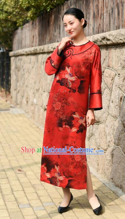 Chinese Traditional Printing Lotus Qipao Dress Costume National Young Lady Red Silk Cheongsam