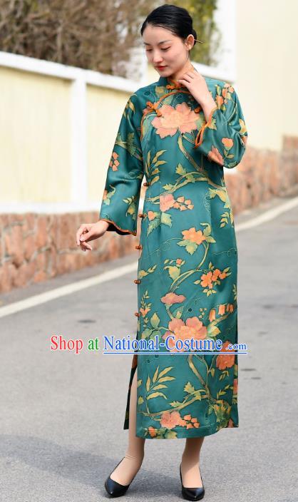 Chinese Traditional Green Silk Qipao Dress Costume National Young Lady Stand Collar Cheongsam