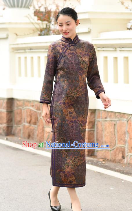 Chinese Traditional Stand Collar Qipao Dress Costume National Young Lady Purple Silk Cheongsam