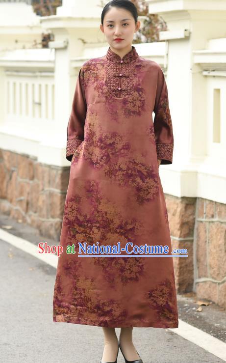 Chinese Traditional Printing Flowers Qipao Dress Costume National Young Lady Brown Cheongsam