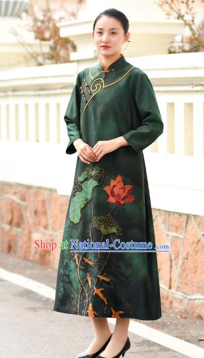 Chinese Traditional Printing Lotus Qipao Dress Costume National Young Lady Deep Green Silk Cheongsam