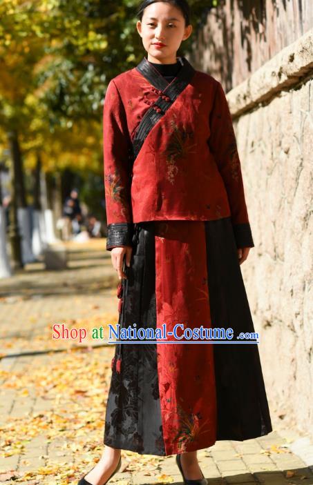 China National Red Gambiered Guangdong Gauze Skirt Traditional Woman Costume