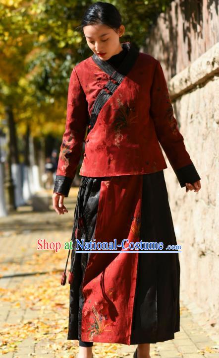 China National Red Gambiered Guangdong Gauze Skirt Traditional Woman Costume