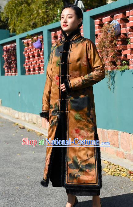 China Tang Suit Printing Lotus Greatcoat Traditional Cotton Wadded Coat National Woman Outer Garment Clothing