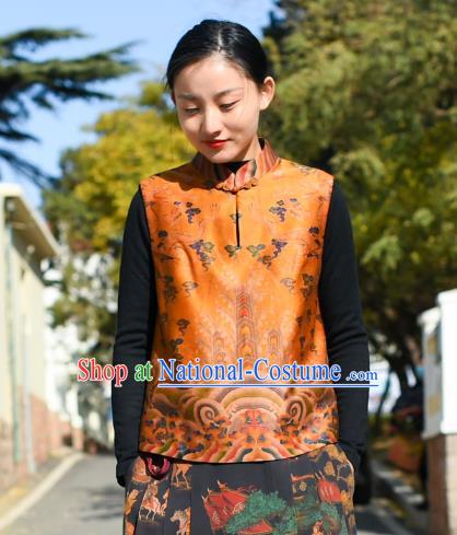 Chinese Tang Suit Golden Silk Vest National Woman Upper Outer Garment Traditional Waistcoat Clothing