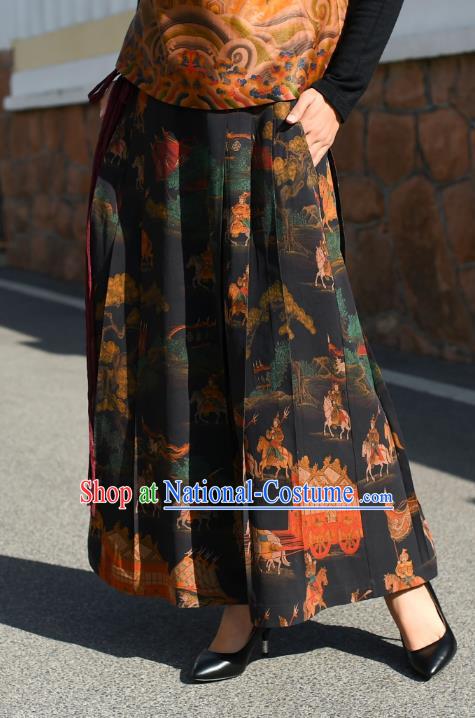 China National Gambiered Guangdong Gauze Skirt Traditional Woman Printing Black Silk Skirt Costume