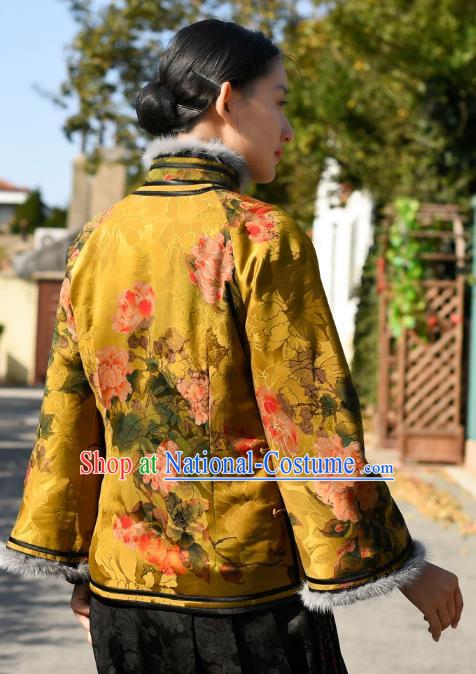 China Traditional Cotton Wadded Jacket National Woman Outer Garment Clothing Tang Suit Yellow Silk Overcoat