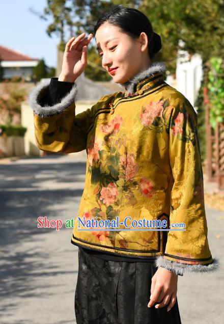 China Traditional Cotton Wadded Jacket National Woman Outer Garment Clothing Tang Suit Yellow Silk Overcoat