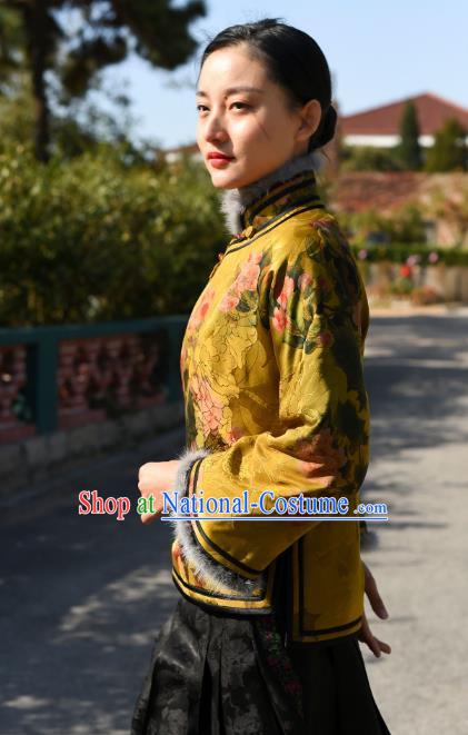 China Traditional Cotton Wadded Jacket National Woman Outer Garment Clothing Tang Suit Yellow Silk Overcoat