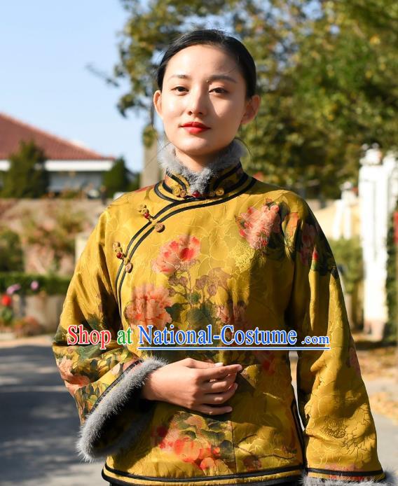 China Traditional Cotton Wadded Jacket National Woman Outer Garment Clothing Tang Suit Yellow Silk Overcoat