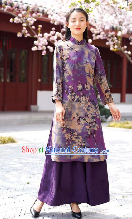 Chinese Traditional Printing Mangnolia Qipao Dress Costume National Young Lady Purple Silk Cheongsam