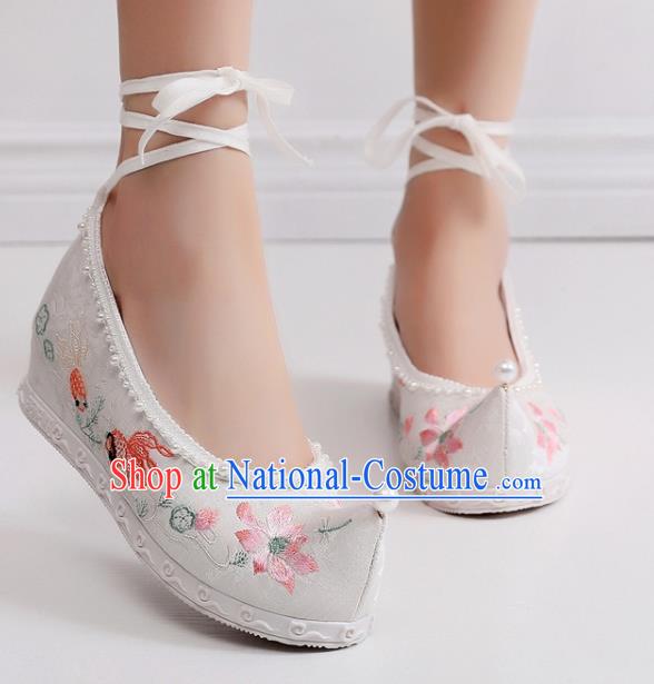 China National Embroidered Lotus Bow Shoes Traditional Ming Dynasty Princess Shoes Handmade Hanfu White Cloth Shoes