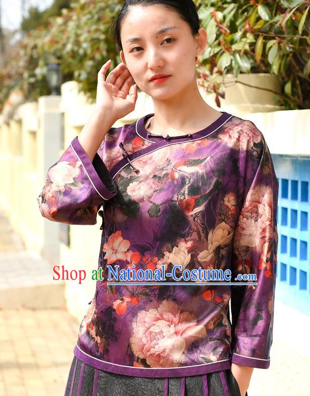 Chinese National Woman Upper Outer Garment Traditional Gambiered Guangdong Gauze Clothing Tang Suit Purple Silk Blouse