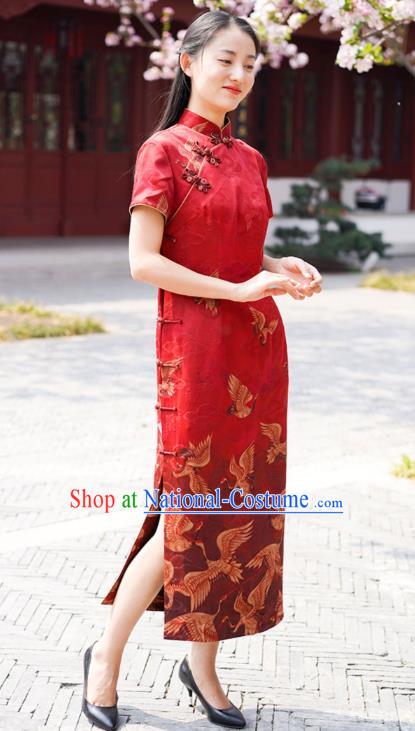 Chinese Traditional Printing Cranes Qipao Dress Costume National Young Lady Red Silk Cheongsam