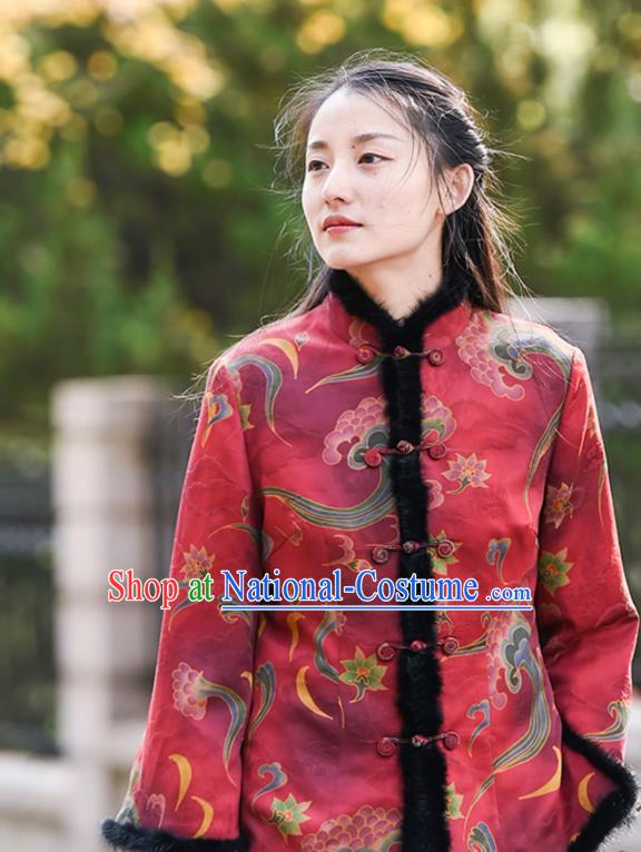 China Traditional Cotton Wadded Jacket National Woman Outer Garment Clothing Tang Suit Red Silk Overcoat