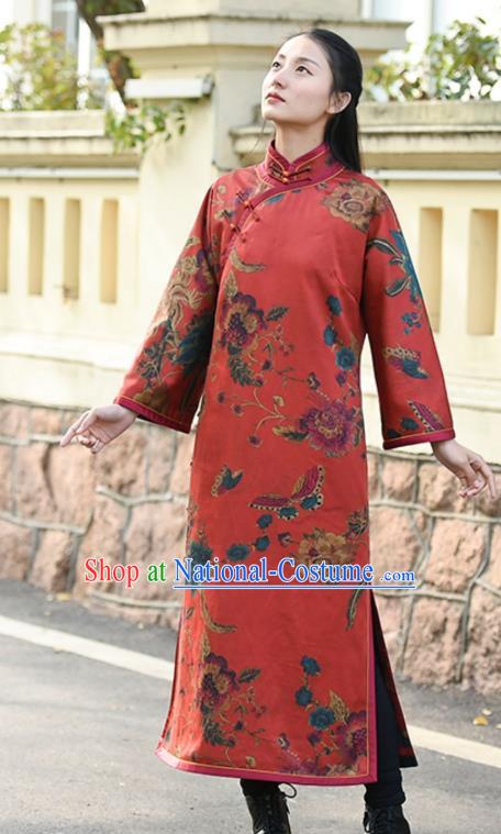 Chinese Traditional Printing Red Qipao Dress Costume National Young Lady Cotton Wadded Cheongsam