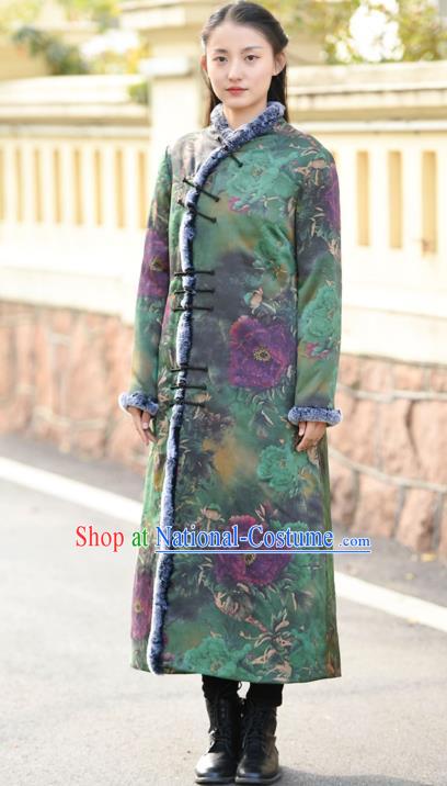 China Traditional Green Cotton Wadded Coat National Woman Outer Garment Clothing Tang Suit Printing Peony Overcoat