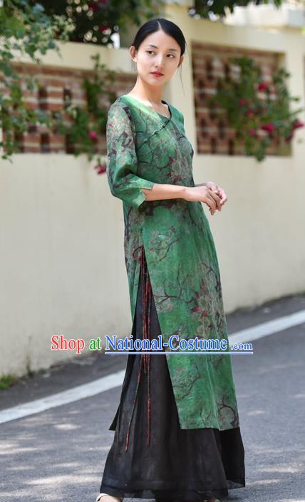 Chinese Traditional Green Silk Qipao Dress Costume National Young Lady Printing Pear Blossom Aodai Cheongsam