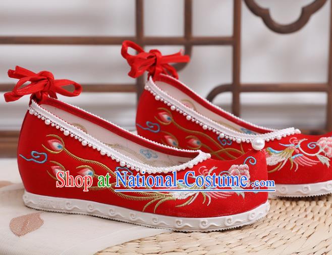 China Traditional Wedding Pearls Shoes National Embroidered Phoenix Peony Shoes Handmade Red Satin Shoes