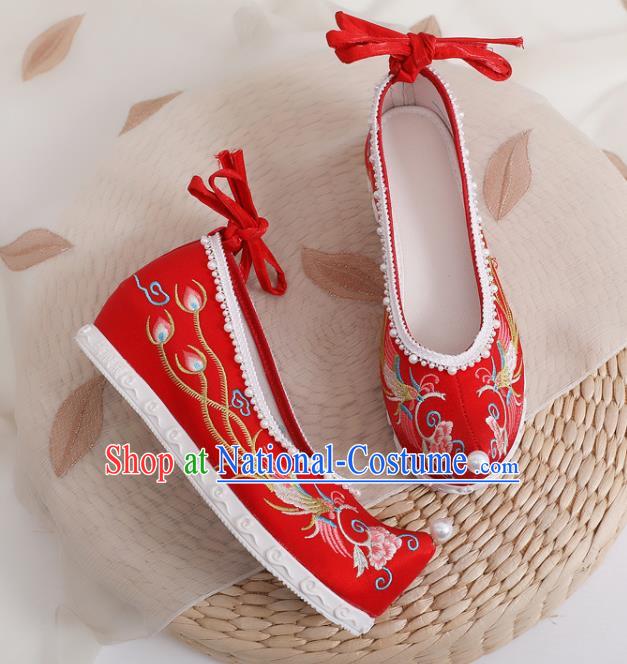 China Traditional Wedding Pearls Shoes National Embroidered Phoenix Peony Shoes Handmade Red Satin Shoes