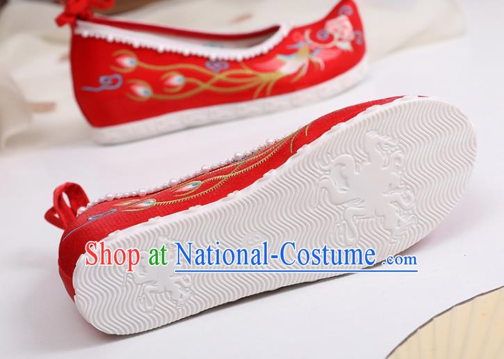 China Traditional Wedding Pearls Shoes National Embroidered Phoenix Peony Shoes Handmade Red Satin Shoes