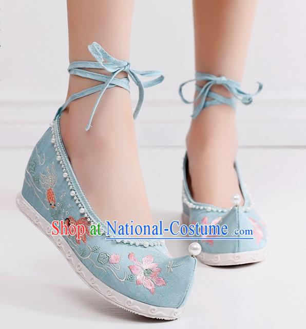 China National Embroidered Lotus Shoes Traditional Ming Dynasty Princess Shoes Handmade Hanfu Blue Cloth Bow Shoes