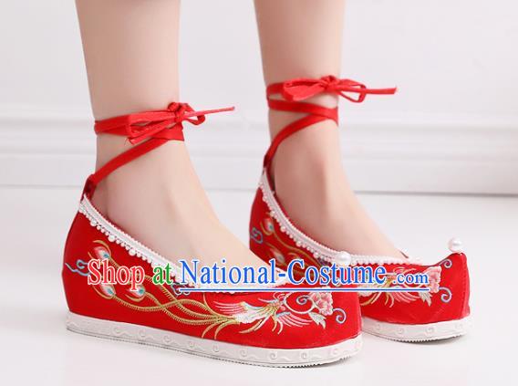 China Traditional Wedding Pearls Shoes National Embroidered Phoenix Peony Shoes Handmade Red Satin Shoes