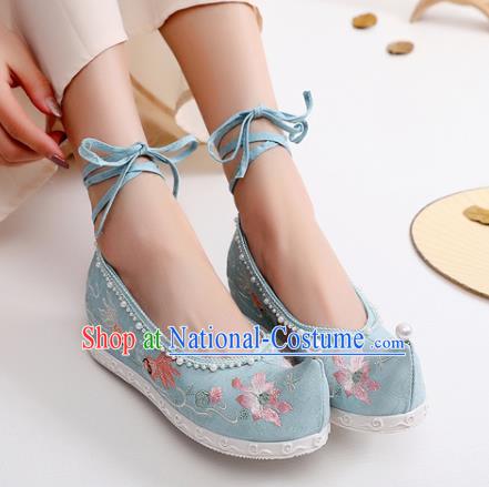 China National Embroidered Lotus Shoes Traditional Ming Dynasty Princess Shoes Handmade Hanfu Blue Cloth Bow Shoes