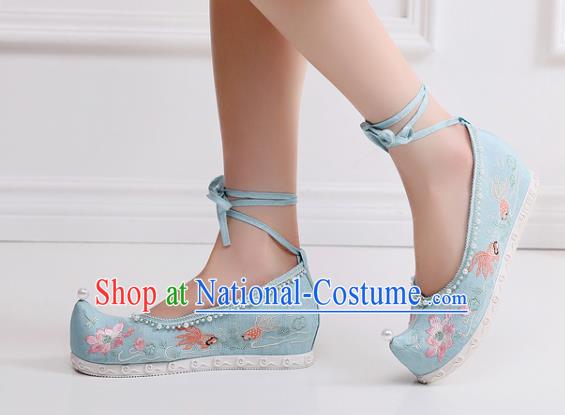 China National Embroidered Lotus Shoes Traditional Ming Dynasty Princess Shoes Handmade Hanfu Blue Cloth Bow Shoes