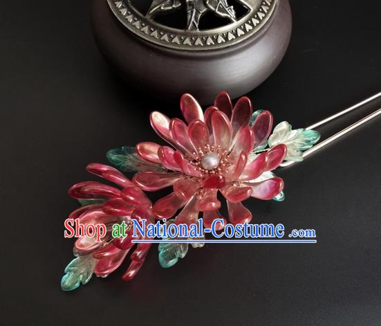 China Ancient Princess Red Chrysanthemum Hairpin Traditional Song Dynasty Palace Lady Hair Stick